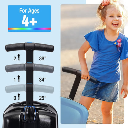 20" Scooter Suitcase for Kids, 2-in-1 Ride On Luggage with Wheels for Boys & Girls Ages 4-15, Foldable Hardshell Carry On Lightweight Travel Suitcase for Airplane