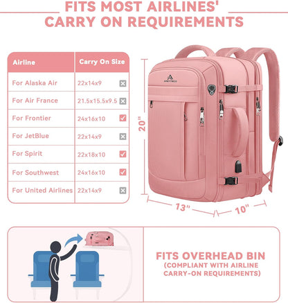 Travel Laptop Backpack for Women, 50L Expandable Extra Large Backpack,Carry On Backpack, Water Resistant Big Bag Anti-Theft Business Daypack Fits 17 Inch Laptop with USB Port, Pink