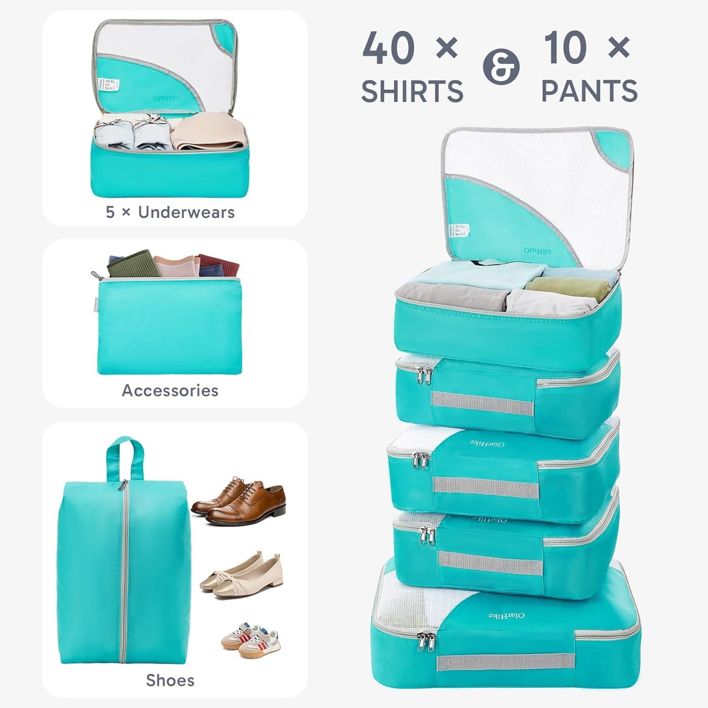 ALL INCLUDED 10 Set Durable Packing Cubes for Suitcases,OlarHike Essentials for Travel, UPGRADED Anti-Tear Stitching, NEW Improved Luggage Packing Organizers for Travel Accessories (Turquoise)