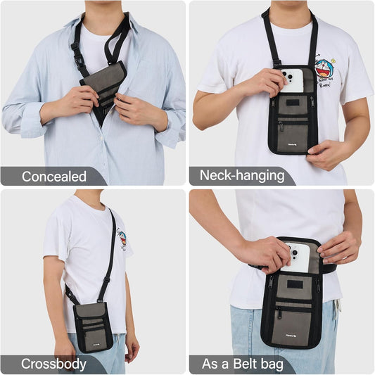 Hanke Passport Holder, Travel Wallet for Womens and Men, Neck Wallet Hidden Passport Pouch for Travel Adjustable Lightweight Thin with 6 compartments (Dark Grey)