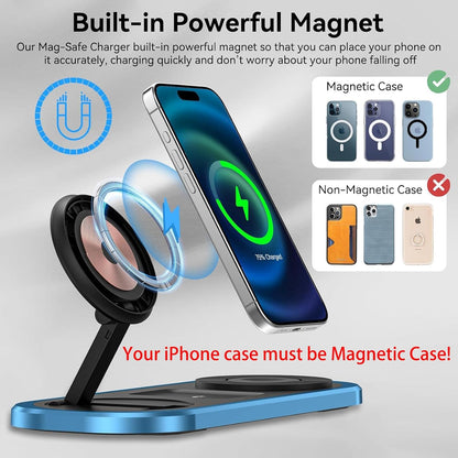 3 in 1 Fast Wireless Charger Stand for iPhone, Foldable Travel Charging Station for Magsafe for iPhone 17/Air/16/15/14/13/12 Series, Apple Watch Series, AirPods pro/2/3/4, Gifts for Women Men (Blue)