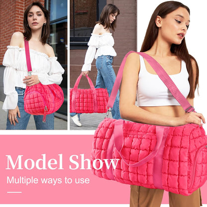 Quilted Travel Duffle Bag Gym Bag for Women,Large Puffer Duffle Weekender Bag with Compartment,Workout Overnight Carry on Organizer Bag Duffle Bag for Airplane Travel(Rosered)