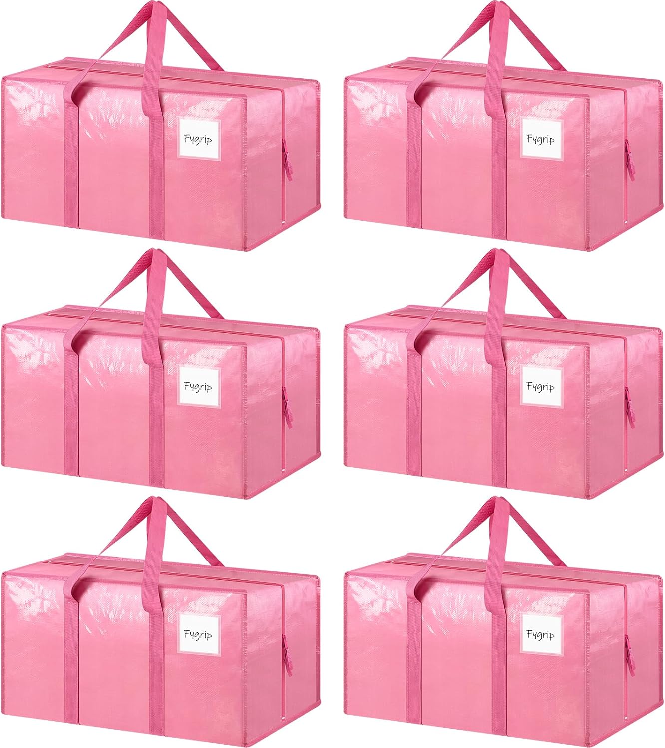 6 Pack Extra Heavy Duty Large Moving Bags with Strong Zipper & Comfortable Handles, Sturdy & Durable Clothes Storage Bags Totes Bins, Packing Moving Boxes for College Supplies, Pink