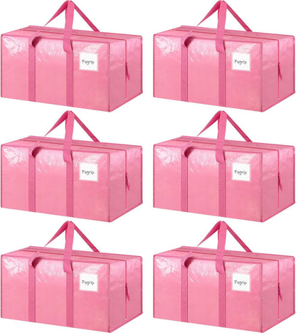 6 Pack Extra Heavy Duty Large Moving Bags with Strong Zipper & Comfortable Handles, Sturdy & Durable Clothes Storage Bags Totes Bins, Packing Moving Boxes for College Supplies, Pink