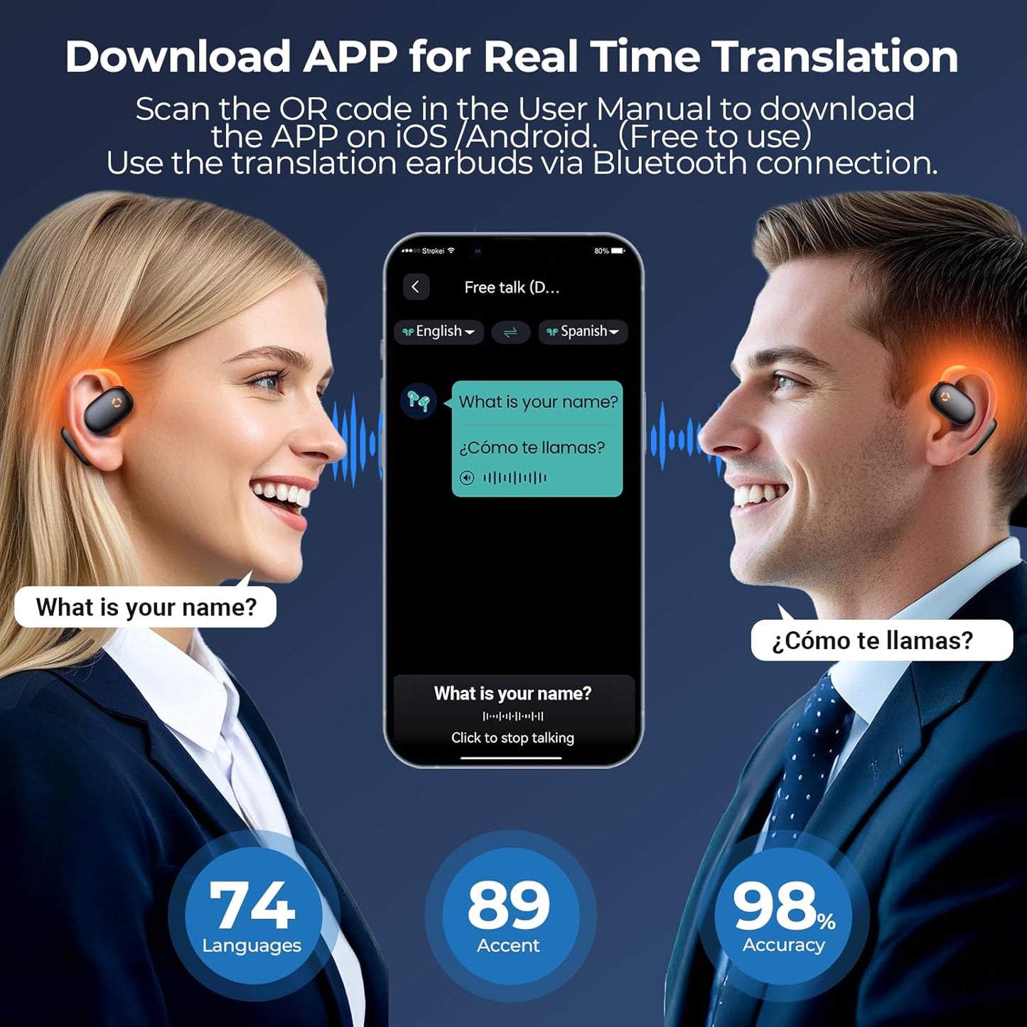 AI Translation Earbuds Real Time 80H Playtime 164 Languages Translator Ear Buds with Glowing Earhook Bluetooth Translating Headphones audifonos traductores inglés español for Travel Business Meeting