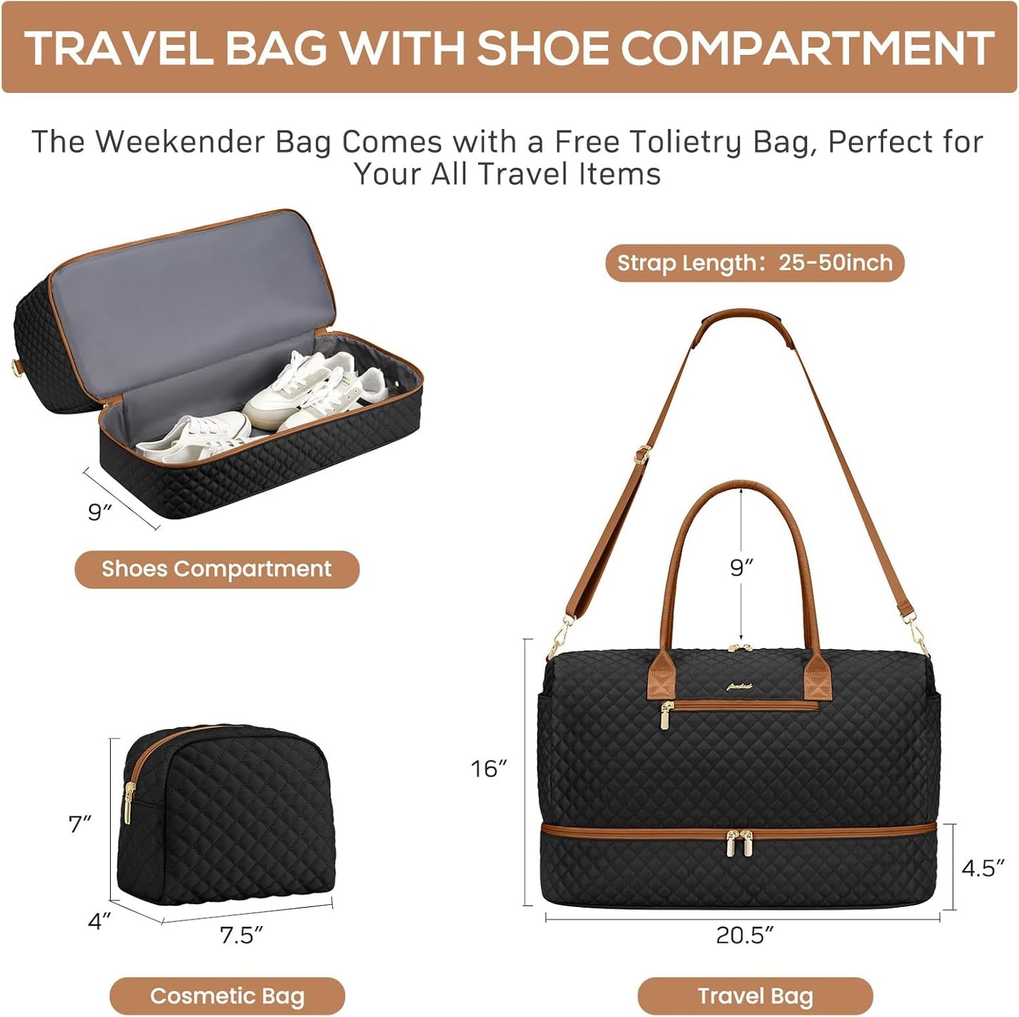 Travel Bag Weekender Bags for Women - Carry on Overnight Bag with Shoe Compartment Duffle Bag with Laptop Pocket Hospital Bag for Labor Delivery Gym Tote Bag with Toiletry Bag Black Brown