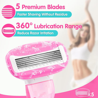 DreamGenius Travel Razors for Women Include 1 Handle and 5 Cartridges, Extra Smooth 5-Blade Travel Essentials Razor with Case for Shaving, Pink