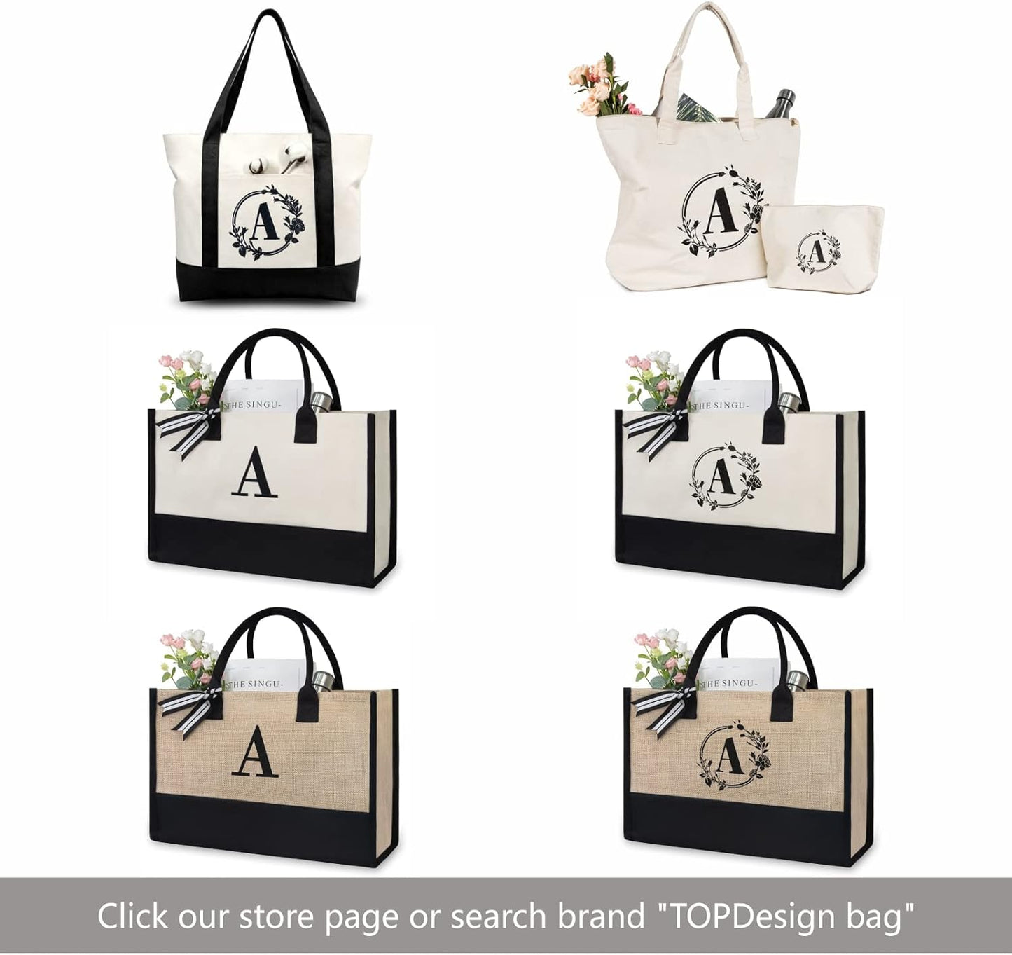 TOPDesign Initial Jute/Canvas Tote Bag, Personalized Present Bag, Suitable for Wedding, Birthday, Beach, Holiday, is a Great Gift for Women, Mom, Teachers, Friends, Bridesmaids (Letter K)