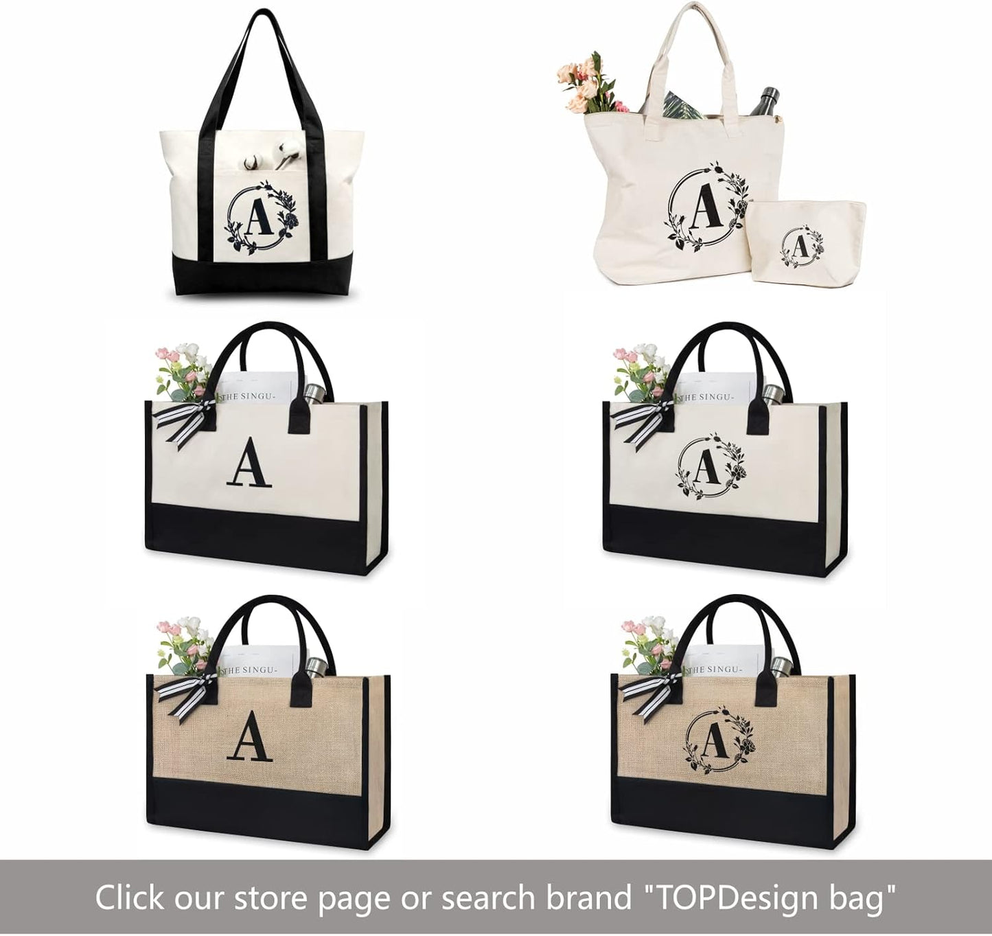 TOPDesign Initial Jute/Canvas Tote Bag, Personalized Present Bag, Suitable for Wedding, Birthday, Beach, Holiday, is a Great Gift for Women, Mom, Teachers, Friends, Bridesmaids (Letter H)