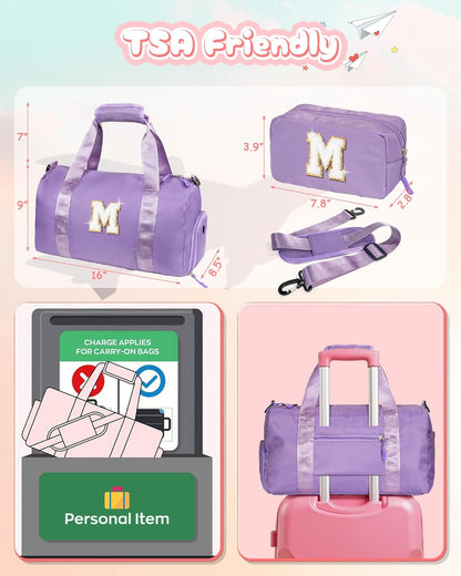 Birthday Gifts for 3 4 5 6 7 8 9 10 11 12 Year Old Girls-Girl Gym Bag with Shoe Compartment, Kid Personalized Weekender Overnight Bags, Initial Travel Tote with Makeup Pouch (Letter B)