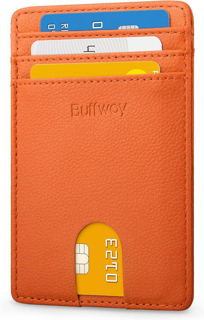 Buffway Mens Slim Wallet, Minimalist Thin Front Pocket Leather Credit Card Holder with RFID Blocking for Work Travel