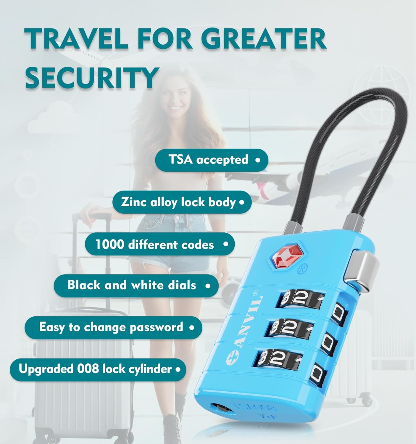 ANVIL TSA Approved Luggage Locks – High Security TSA008 Combination Travel Locks with Inspection Indicator for Suitcases and Backpacks. (3, Bule)