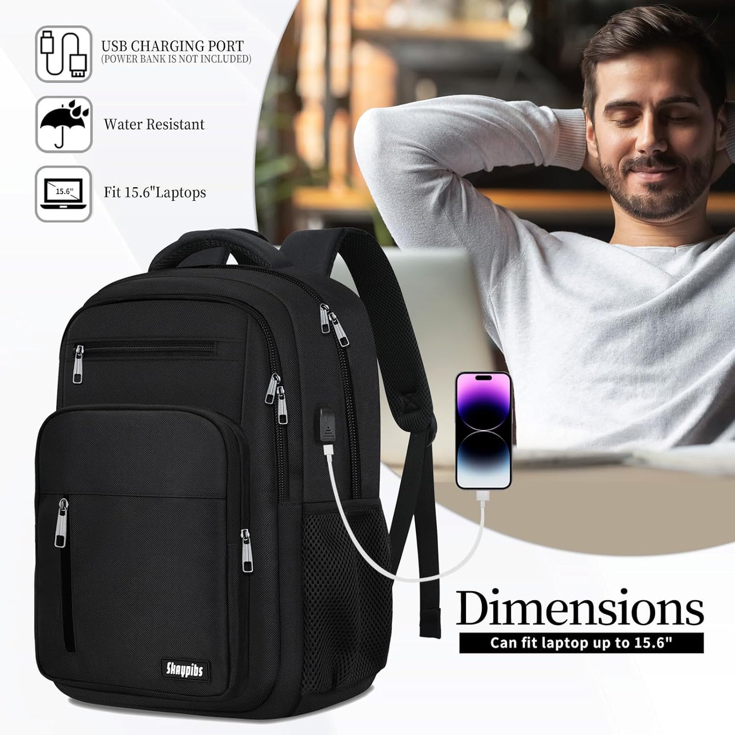 Black Backpack for Men Women, School Backpack for Boys Girls Teens, 15.6 Inch Laptop Backpacks with USB Port, Water Resistent Book bag, Work College Bookbag, back pack, Mochila para hombre