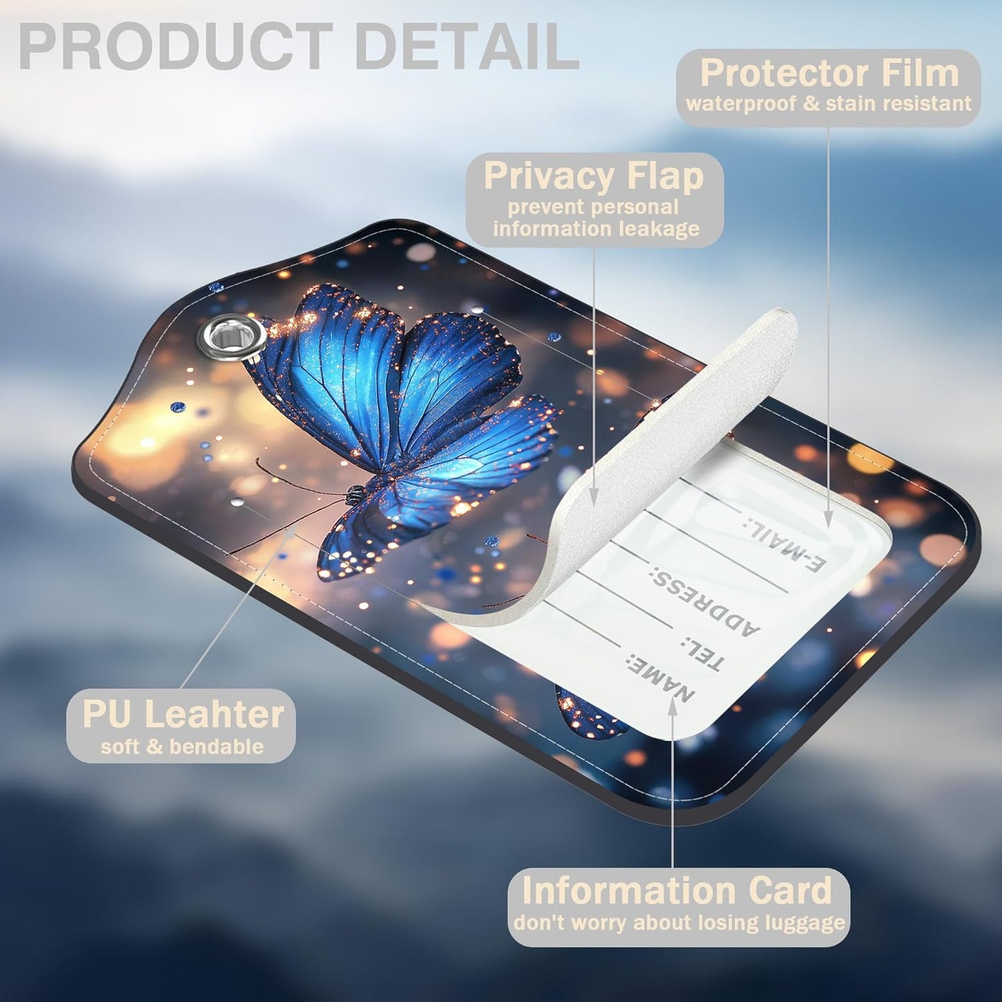 2 Pcs Blue Butterfly Luggage Tags for Suitcases PU Leather Baggage Tags Name ID Label with Privacy Cover and Stainless Steel Loop for Men Women Travel Bag Suitcase