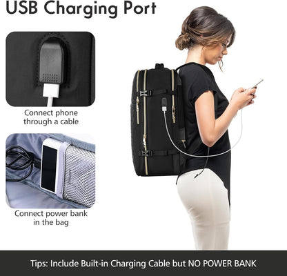 MOMUVO Travel Backpack for Women, Carry On Backpack Airline Approved with 3 Packing Cubes, 15.6 Inch Laptop Backpack with USB Charging Port, Casual Daypack for Weekender Business College, Black