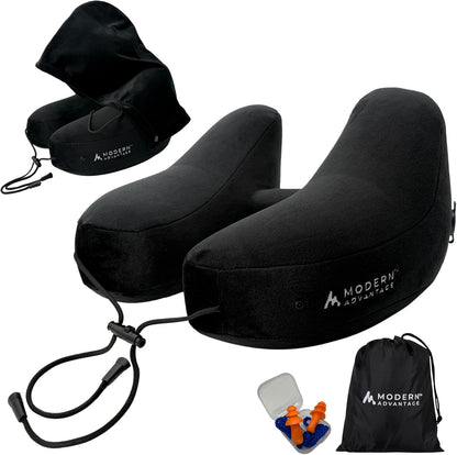 Modern Advantage Inflatable Travel Pillow for Airplanes – Hooded Neck Pillow with Adjustable Support – Comfortable, Compact & Travel-Friendly – Perfect for Sleeping on Long Flights (Black)