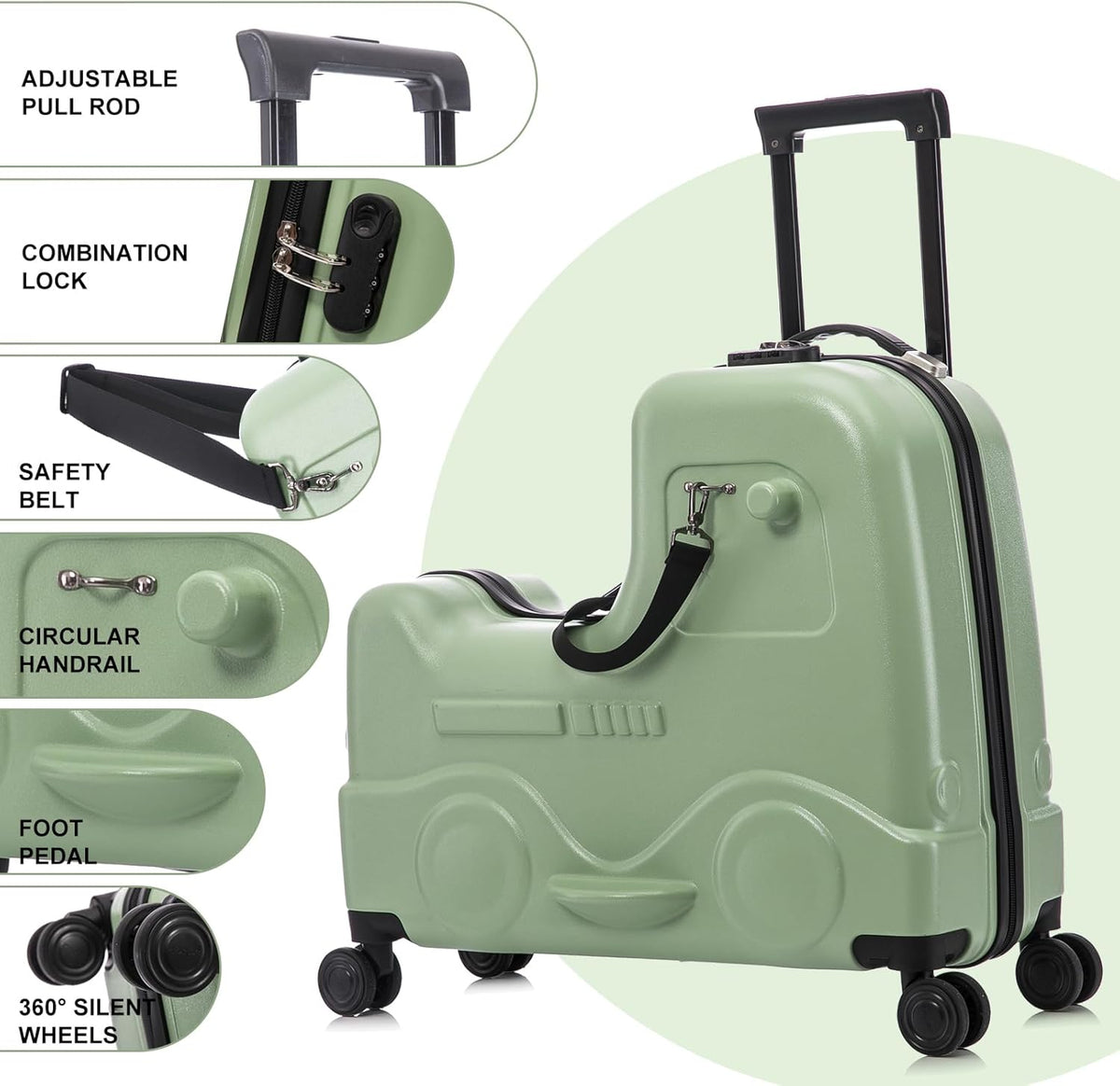 Apelila 22 inch Ride on Suitcase for Kids Travel Trolley Luggage with Spinner Wheels for Child with Combination Lock/Safety Belt/Telescoping Handle (Green)