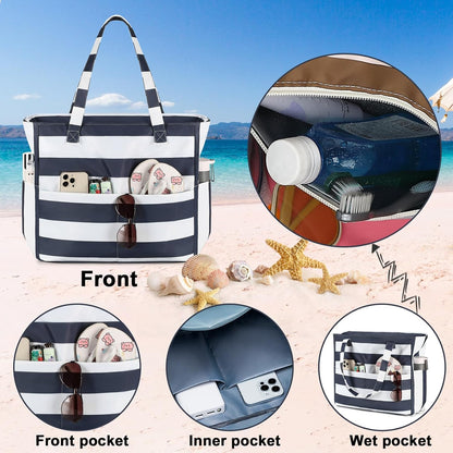 Waterproof Beach Tote Pool Bags for Women Ladies Extra Large Gym Tote Carry On Bag With Wet Compartment for Weekender Travel