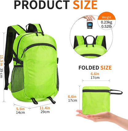 Small Hiking Daypack,15L Water-Resistant Hiking Backpack Packable Lightweight Travel Day Pack for Women Men (LinghtGreen, Small)