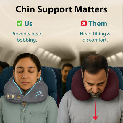 Memory Foam Travel Pillow for Airplanes & Car Rides - Adjustable Airplane Pillow with 360° Chin and Neck Support for Comfy Naps, Extra-Soft Washable Neck Pillow Cover, Squeezy Mesh Bag - Grey