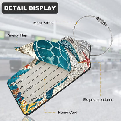 2Pack Luggage Tags for Suitcases, Cute Unique Pu Leather Cruise Luggage Tag with Privacy Cover ID Label Address Card and Metal Ring Suitable for Women Men Kids Travel Bag Retro Map Turtle