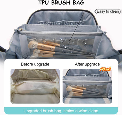 BOYATU Travel Makeup Bag Organizer Cosmetic Bag: 3 Pcs Set Make up Bags for Women with Handle - Waterproof Vegan Leather Toiletry Bags with Comparments (C-03-Blue)