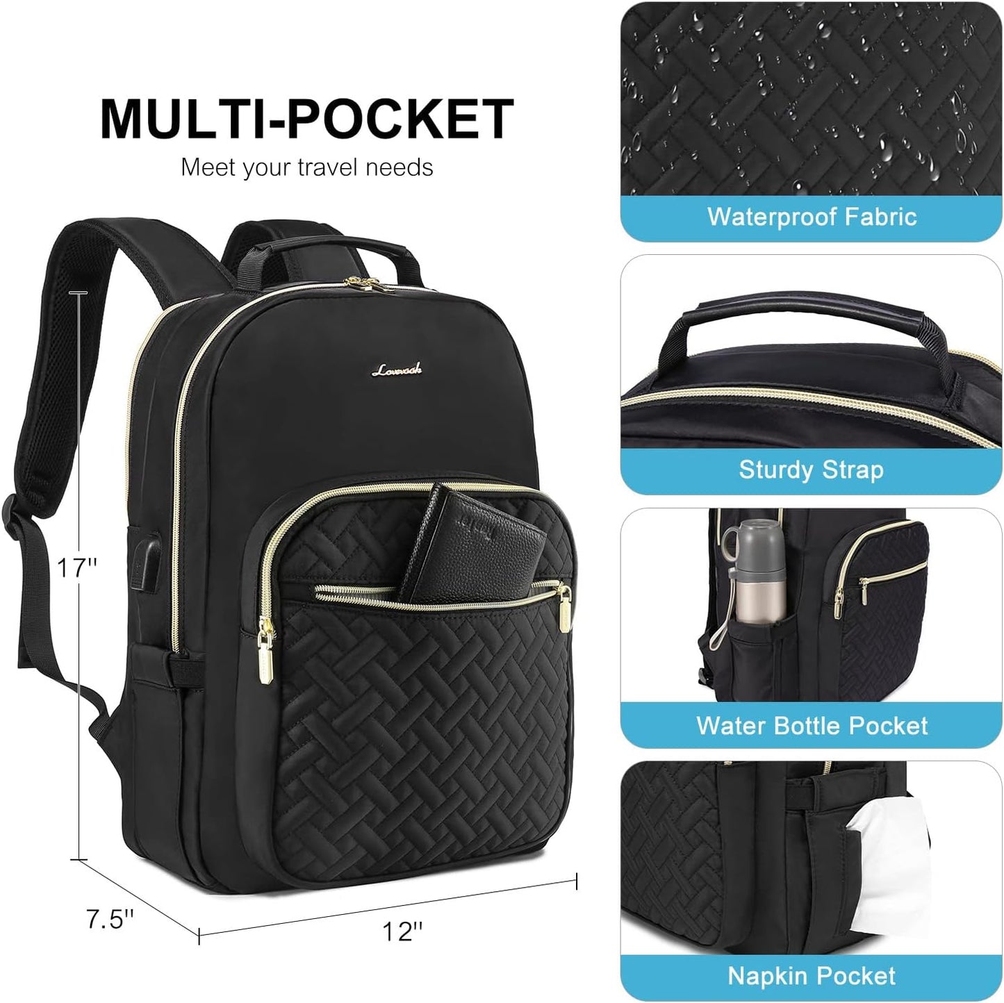 LOVEVOOK Laptop Backpack for Women, Stylish Quilted Backpacks Purse for Business Work Travel, Computer Bags Bag, with USB Port fits 15.6-inch Laptop, Black