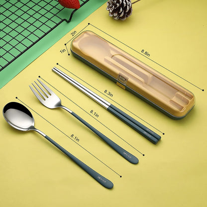 DEVICO Portable Utensils, Travel Reusable Silverware Flatware Set for Lunch, 18/8 Stainless Steel 4-Piece Camping Cutlery Include Fork Spoon Chopsticks with Case (Blue)
