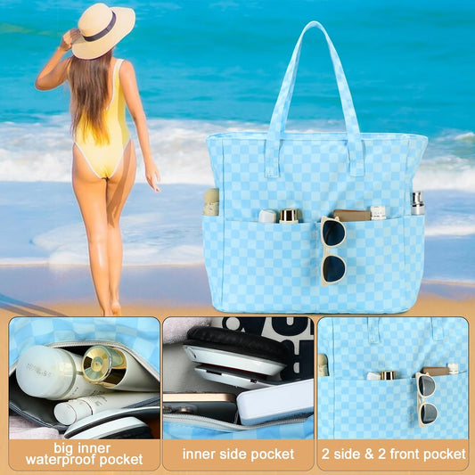 LEDAOU Beach Bag Waterproof Sandproof Women Tote Bag Pool Bag with Zipper for Gym Grocery Travel with Wet Pocket