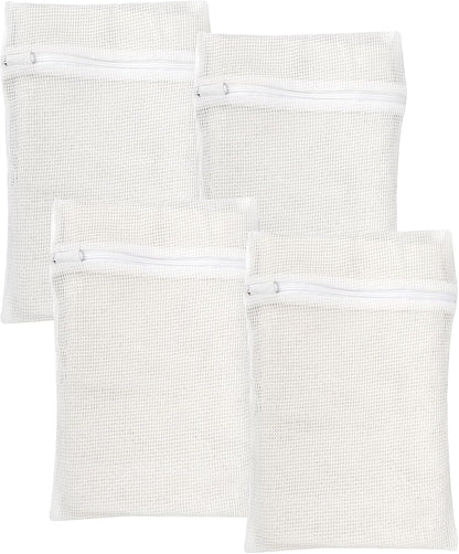 4 Piece White Small, Durable Organic Cotton Mesh Laundry Bag with Strong Zipper and Breathable Mesh, Delicate Laundry Bag for Underwear, Clothes, Pants and Socks