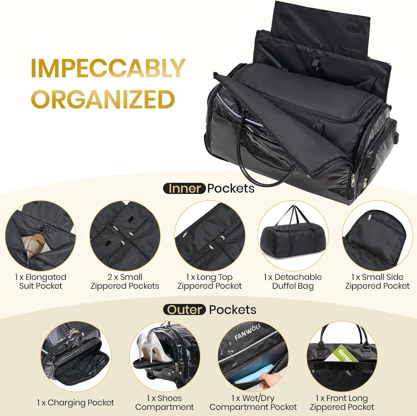 3-in-1 Rolling Garment Bags for Travel, Glitter Wheeled Carry-On Suit Luggage with Shoe Storage & Detachable Bag, Convertible Duffel Bag for Men Women Business Trips Weekender, Wrinkle-Free (Black)