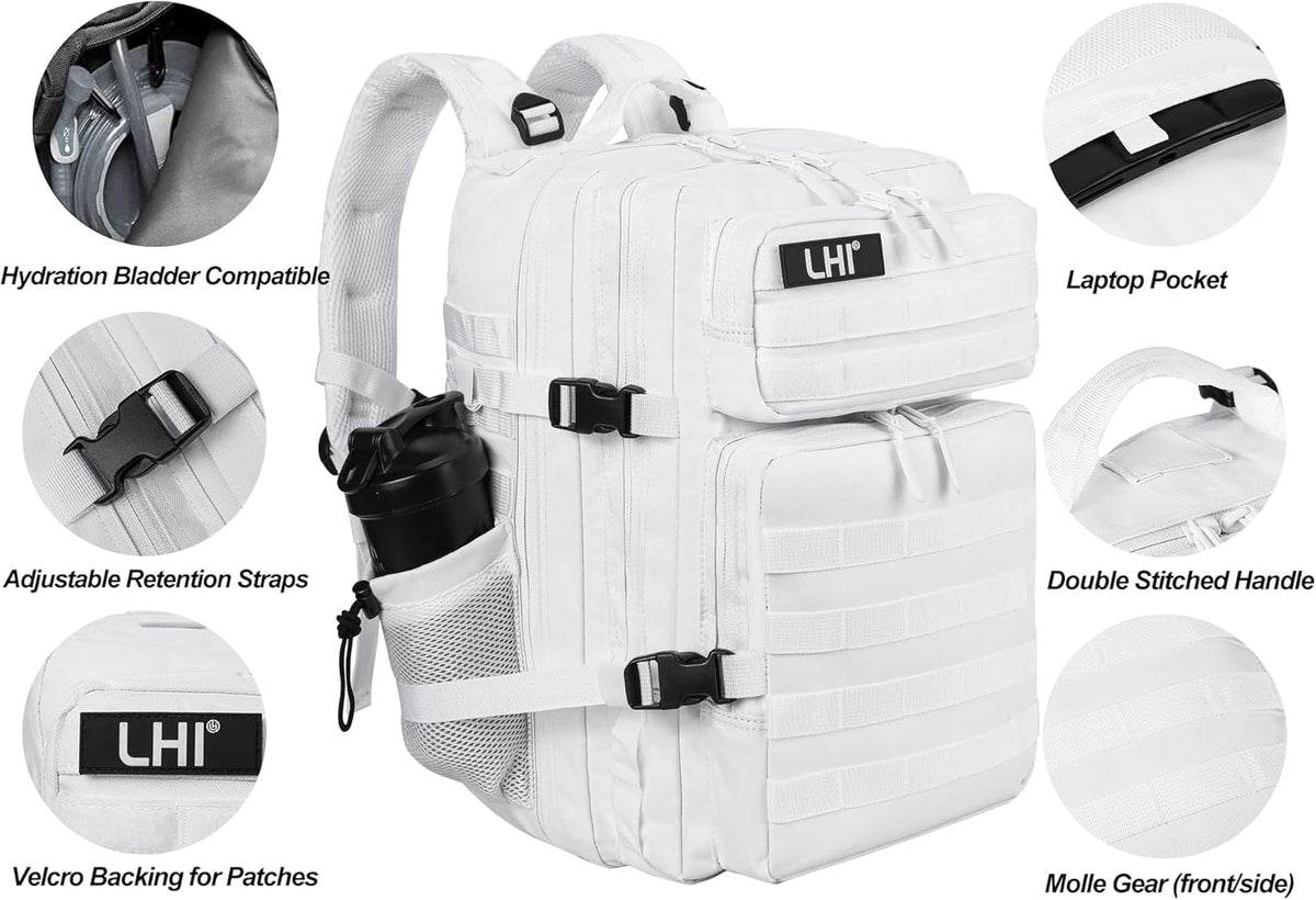 LHI Military Tactical Backpack for Men and Women 45L Army 3 Days Assault Pack Bag Large Rucksack with Molle System - White