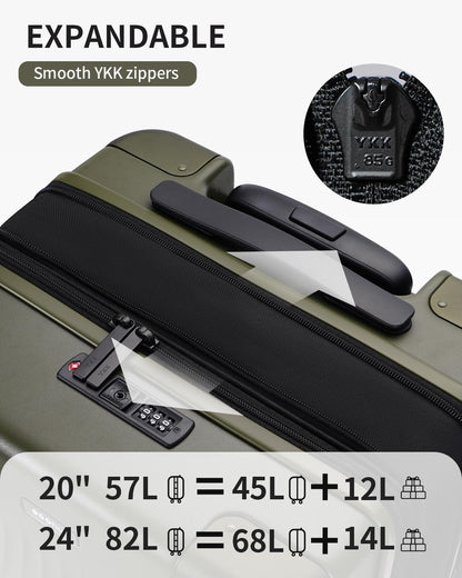 ECOHUB Hardside Expandable Carry On Luggage Sets, Recycled PC 20/24" Rolling Luggage Airline Approved with Spinner Wheels & TSA Lock, Lightweight Hardshell Travel Suitcase, 20+24 inch Carry-on Green