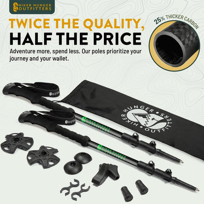 100% Carbon Fiber Trekking Poles by USA Brand - Ultra Strong Lightweight Collapsible Hiking Poles with Cork and EVA Foam Grips & Quick Adjustable Flip Locks
