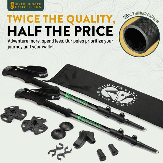 100% Carbon Fiber Trekking Poles by USA Brand - Ultra Strong Lightweight Collapsible Hiking Poles with Cork and EVA Foam Grips & Quick Adjustable Flip Locks