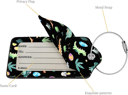 2 Pcs Luggage Tags for Suitcases, PU Leather Cruise Ship Luggage Tags with Privacy Cover Label Address Card and Durable Metal Ring Suitable for Men Women Handbags Backpacks Schoolbag,Small Dinosaur