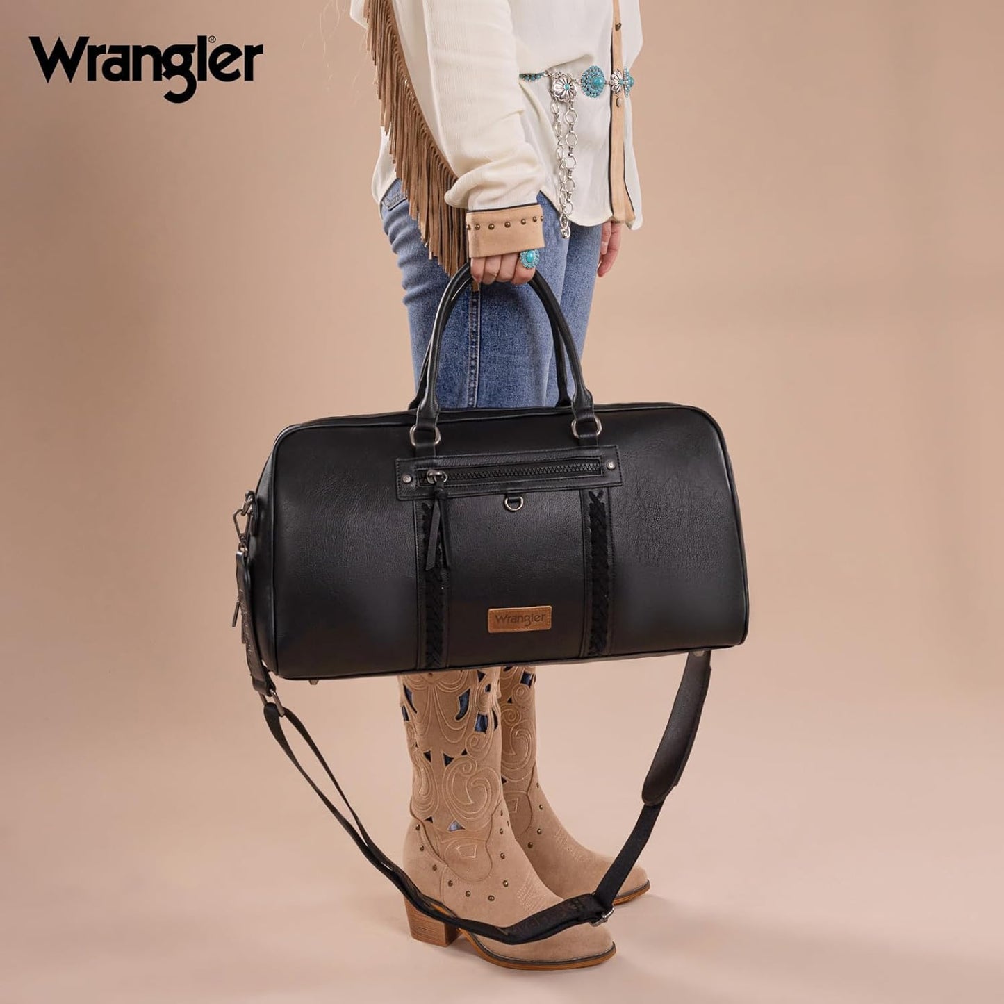 Wrangler Travel Duffel Bag Large Weekender Bag for Women Designer Carry on Overnight Bag for Trips Leather Luggage Bag Black