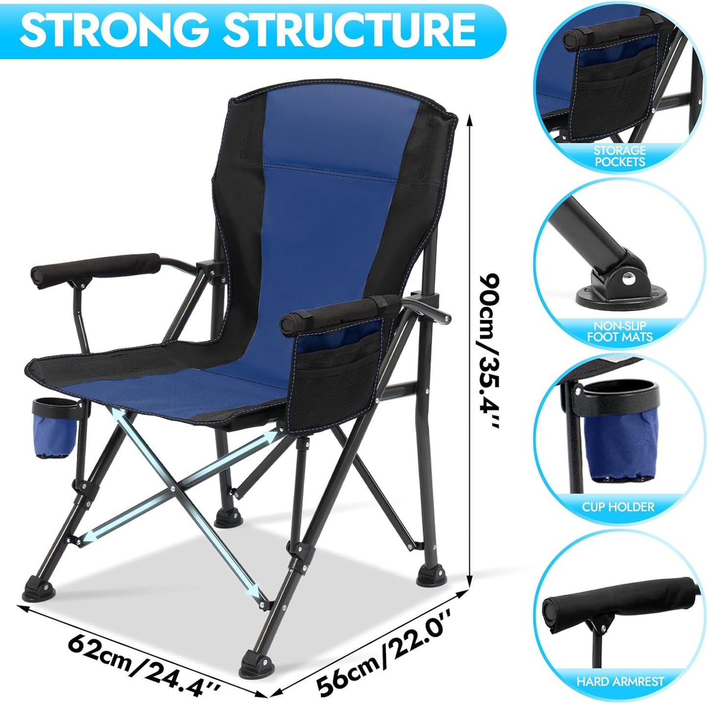 Oversized Folding Camping Chair for Adults, Supports 450 LBS Camping Chairs, Heavy Duty Camping Chair with Side Pockets, Foldable Outdoor Chair for Camping, Beach, Fishing, Hiking, Blue-Black