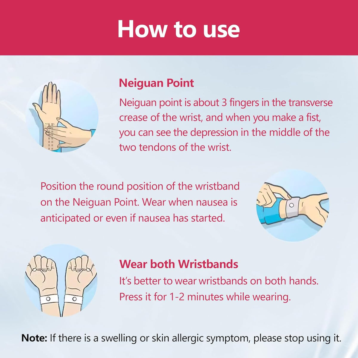 Motion Sickness Wristband, Anti-Nausea Acupressure Wrist Band for Nausea Relief, Dizziness and Vomiting from Car Sea Boat Flying Travel Sickness for Adults and Kids (Rose Red, Large, 2 Pairs)