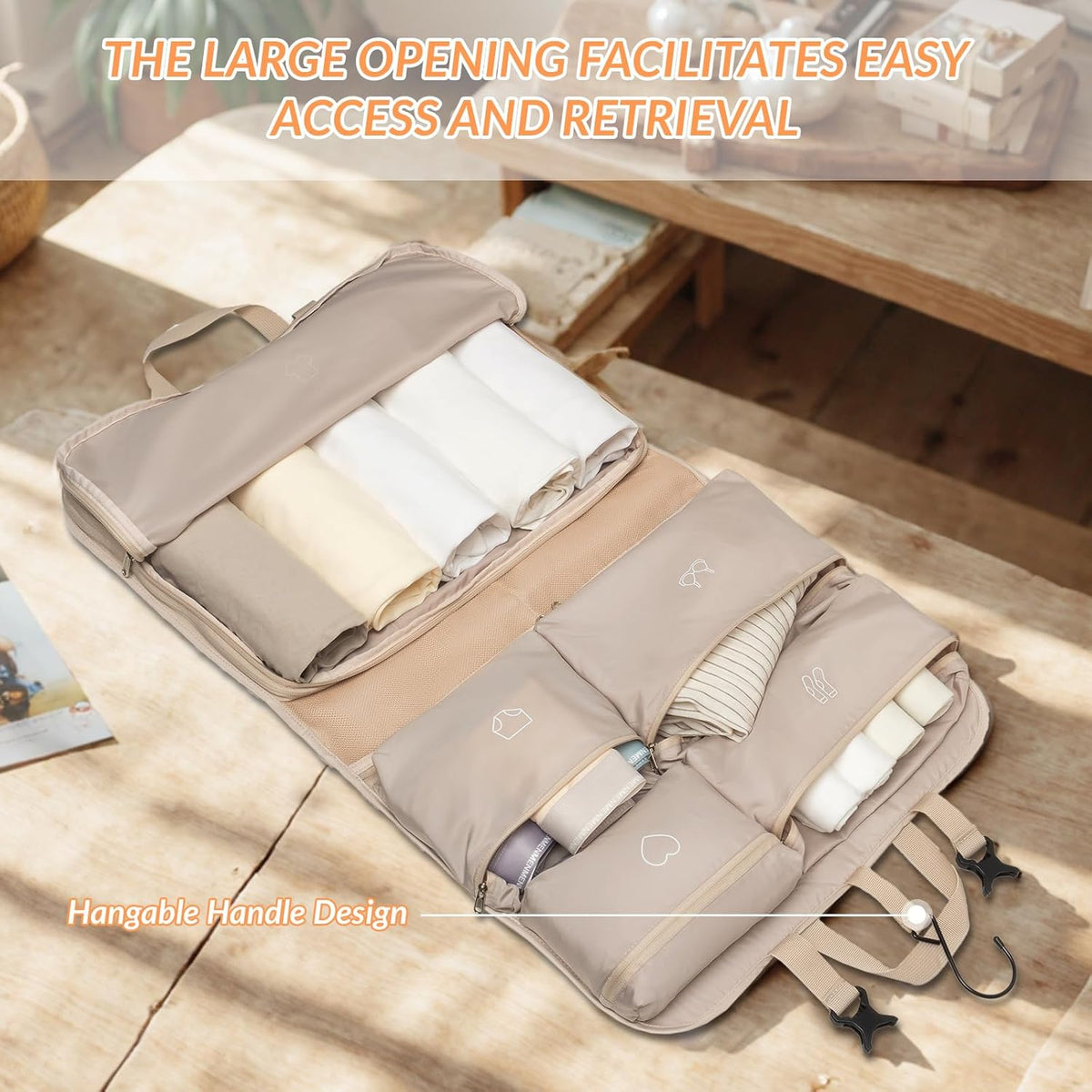 Hanging Packing Cubes,Garment Bags for Travel and Storage, Travel Apparel Bags for Men Women with 5 Solid Color Pockets, Storage Bags for Clothes, Socks,Underwear for Carry on Suitcase (Khaki)