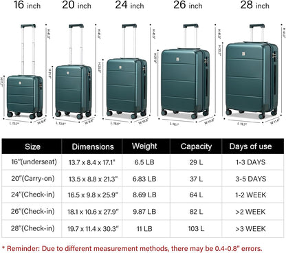 Hanke 3 Piece Luggage Sets with Spinner Wheels, Carry On Luggage Lightweight PC Hard Shell Suitcases Travel TSA Luggage Rolling Checked Bag 20/24/28 Inch Luggage(Blackish Green)