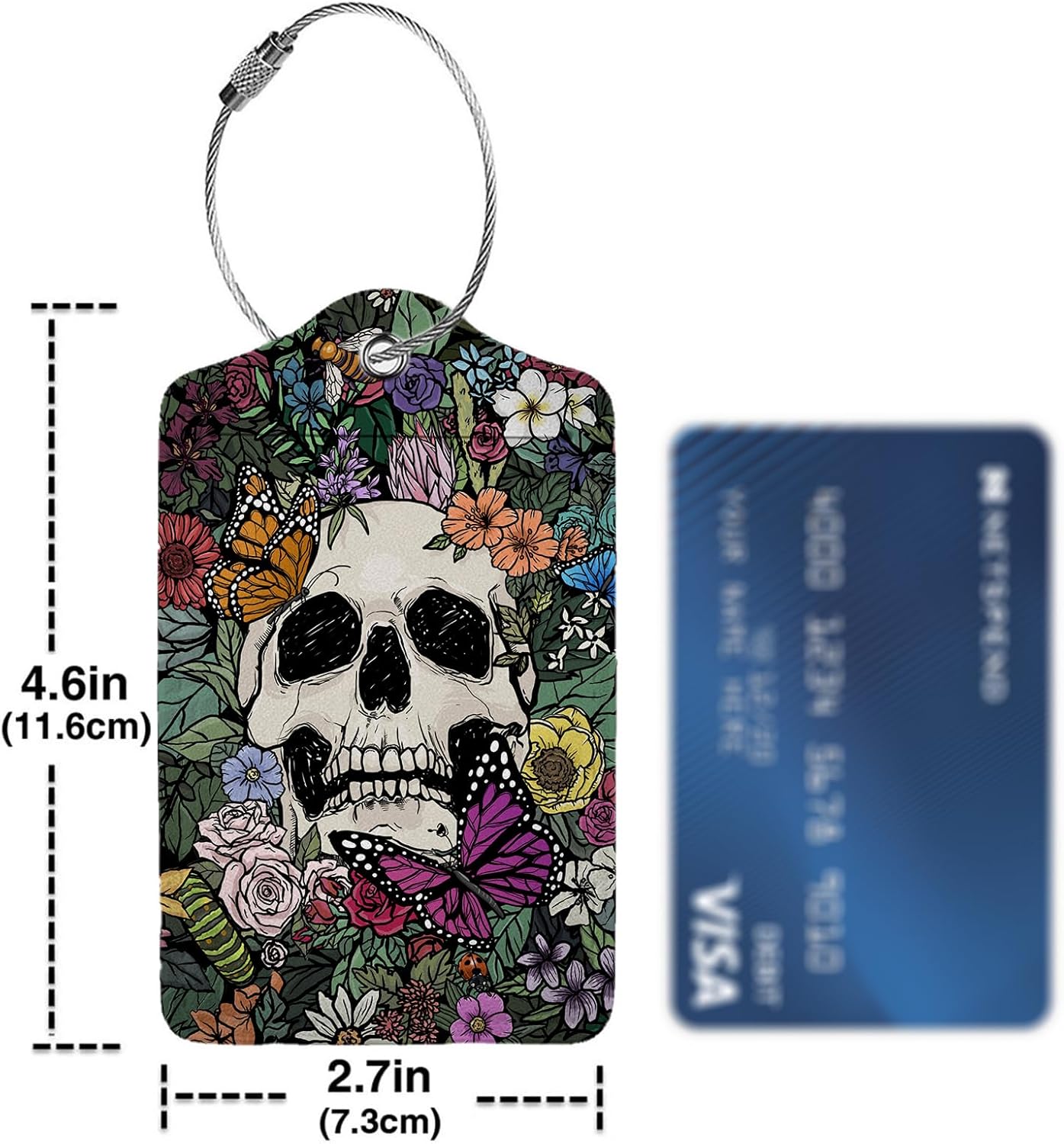 Skull and Colorful Flower Luggage Tags for Suitcases,2 Pack Luggage Tag, Leather Stainless Steel Loop Label Tag for Women Girl Travel Bag Suitcase