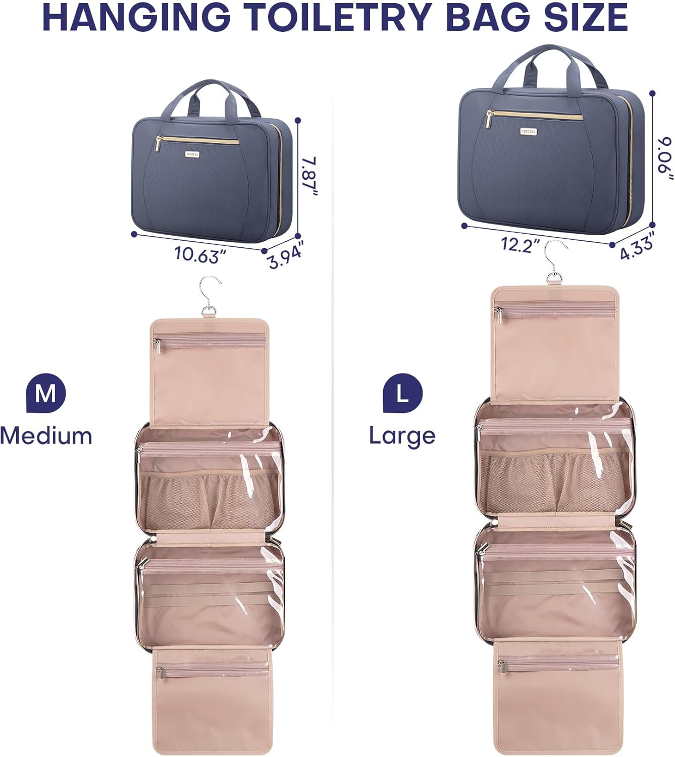 Hanging Toiletry Bag for Women Travel, 2 Sizes Large & Small Waterproof Cosmetic Organizer with 4 Compartments, Rotating Hook, Foldable Pink Travel Bag for Toiletries & Makeup, Large Grey Blue