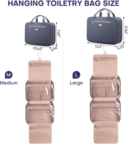 Hanging Toiletry Bag for Women Travel, 2 Sizes Large & Small Waterproof Cosmetic Organizer with 4 Compartments, Rotating Hook, Foldable Pink Travel Bag for Toiletries & Makeup, Large Grey Blue