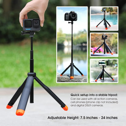SOONSUN 4in1 Floating Selfie Stick Tripod for GoPro Hero 13 12 11 10 9 8 7 6 5 4 3, Max, AKASO, Osmo Action 3/4/5 Pro Camera - As Waterproof Extension Monopod Pole Floating Handle Grip Tripod Stand