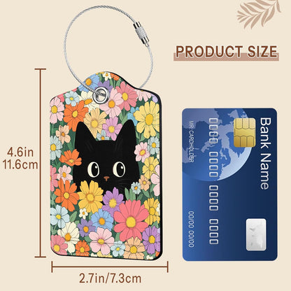 2 Pcs Colorful Cat Luggage Tags for Suitcase, Leather Luggage Tags Cute, Privacy Cover ID Label with Stainless Steel Loop & Address Card, Black Cat Travel Bag Tag Luggage Accessories for Suitcases