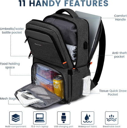 Lunch Backpack, Insulated Cooler Backpack Lunch Box for Men Women, 15.6 Inches RFID Blocking Laptop Backpack with USB Port Lunch Bag for Work Travel Black