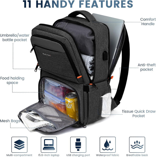 Lunch Backpack, Insulated Cooler Backpack Lunch Box for Men Women, 15.6 Inches RFID Blocking Laptop Backpack with USB Port Lunch Bag for Work Travel Black