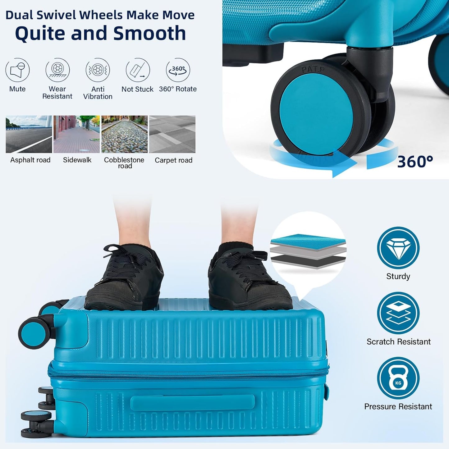 Hard Shell Suitcases 20 Inch Carry on Luggage Airline Approved with Wheels, Expandable Travel Luggage with Cup Holder Charger Built in Lightweight Small Suitcase, Caribbean Blue