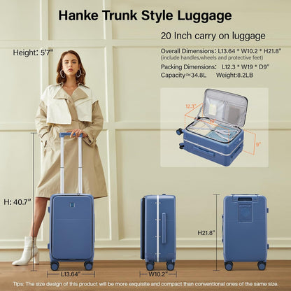 Hanke 20 Inch Carry On Luggage with Cup Holder and Charge,Top Opening Hard Shell Suitcases with Wheels and Dividers,Aluminum Frame Trunk Luggage Small Suitcase with Lock for Travel,Interstellar Blue